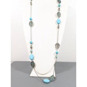 Long Leaf Statement Necklace Antiqued Bronze‎ Green Patina Blue Bead 42" Boho